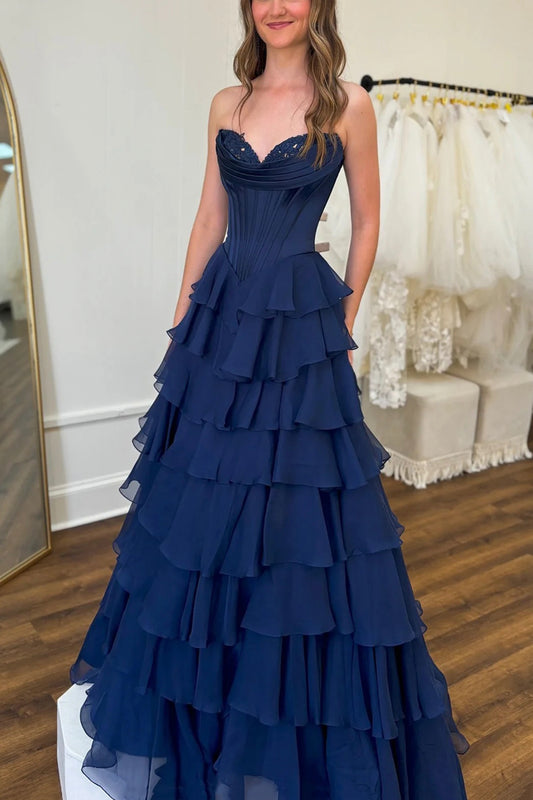 A-Line Strapless Blue Ruffle Tiered Chiffon Long Prom Party Dress