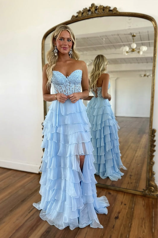 A-Line Strapless Light Blue Ruffle Tiered Chiffon Lace Long Prom Party Dress