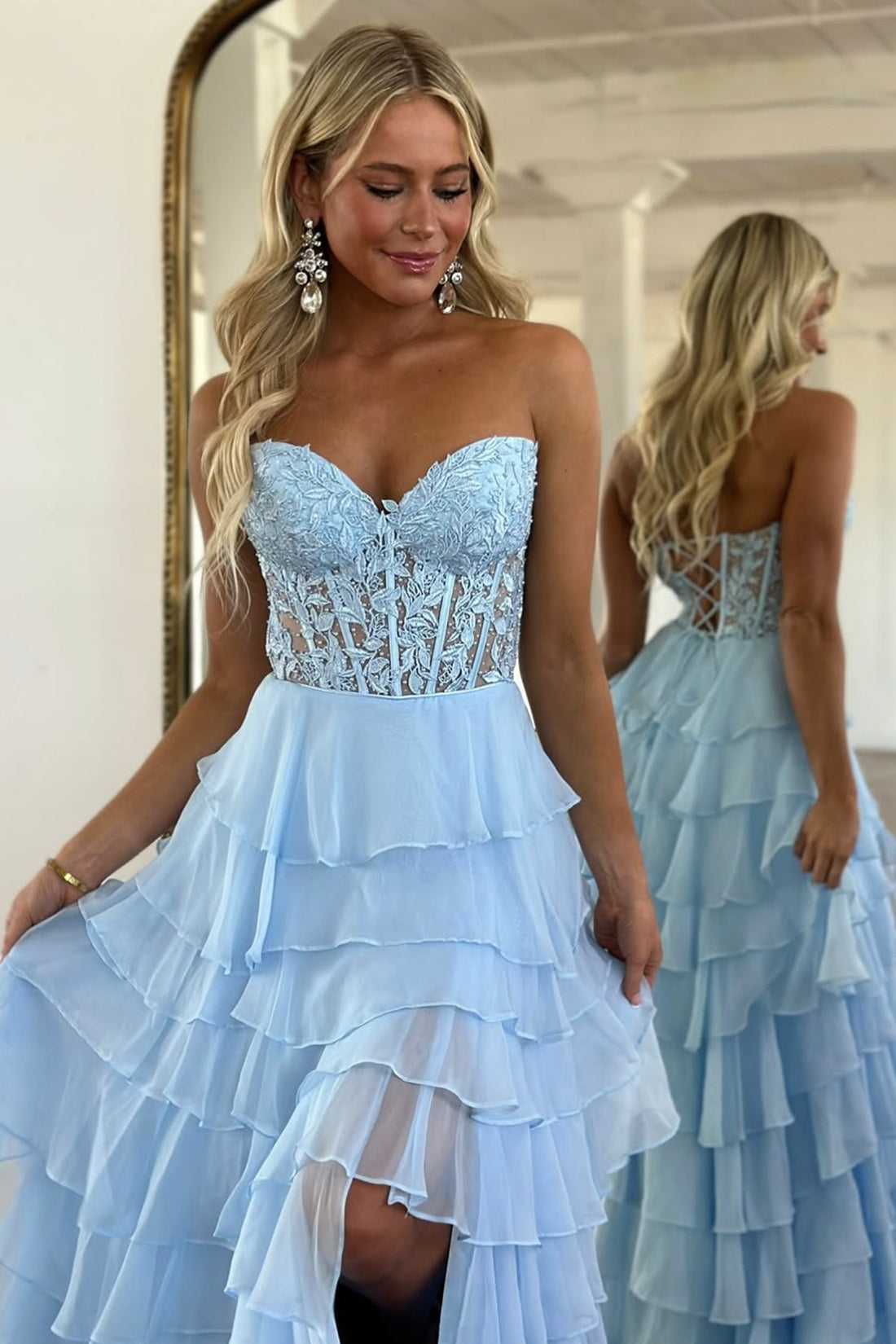 A-Line Strapless Light Blue Ruffle Tiered Chiffon Lace Long Prom Party Dress