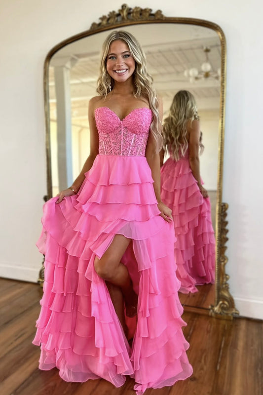 A-Line Strapless Hot Pink Ruffle Tiered Chiffon Lace Long Prom Party Dress
