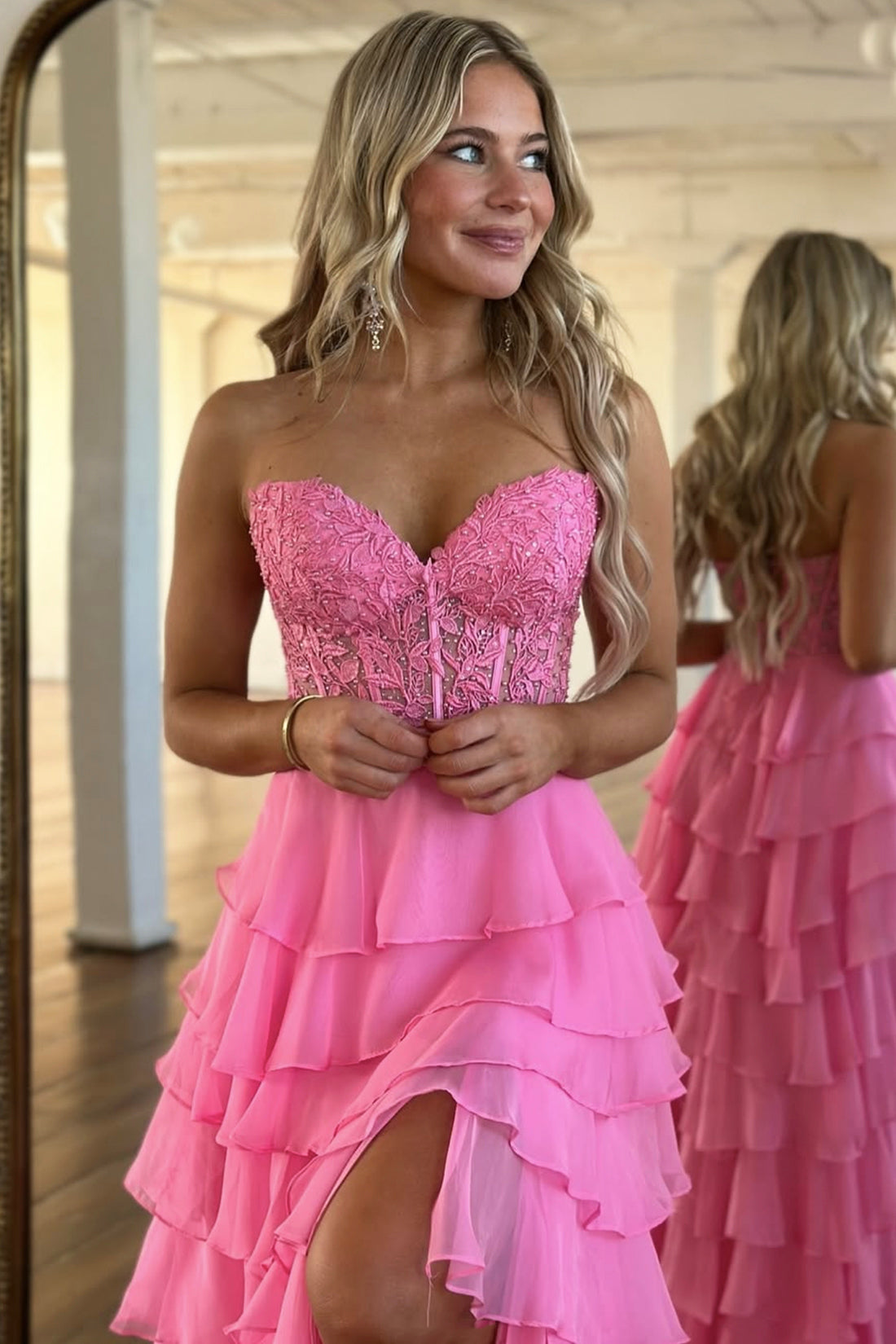 A-Line Strapless Hot Pink Ruffle Tiered Chiffon Lace Long Prom Party Dress
