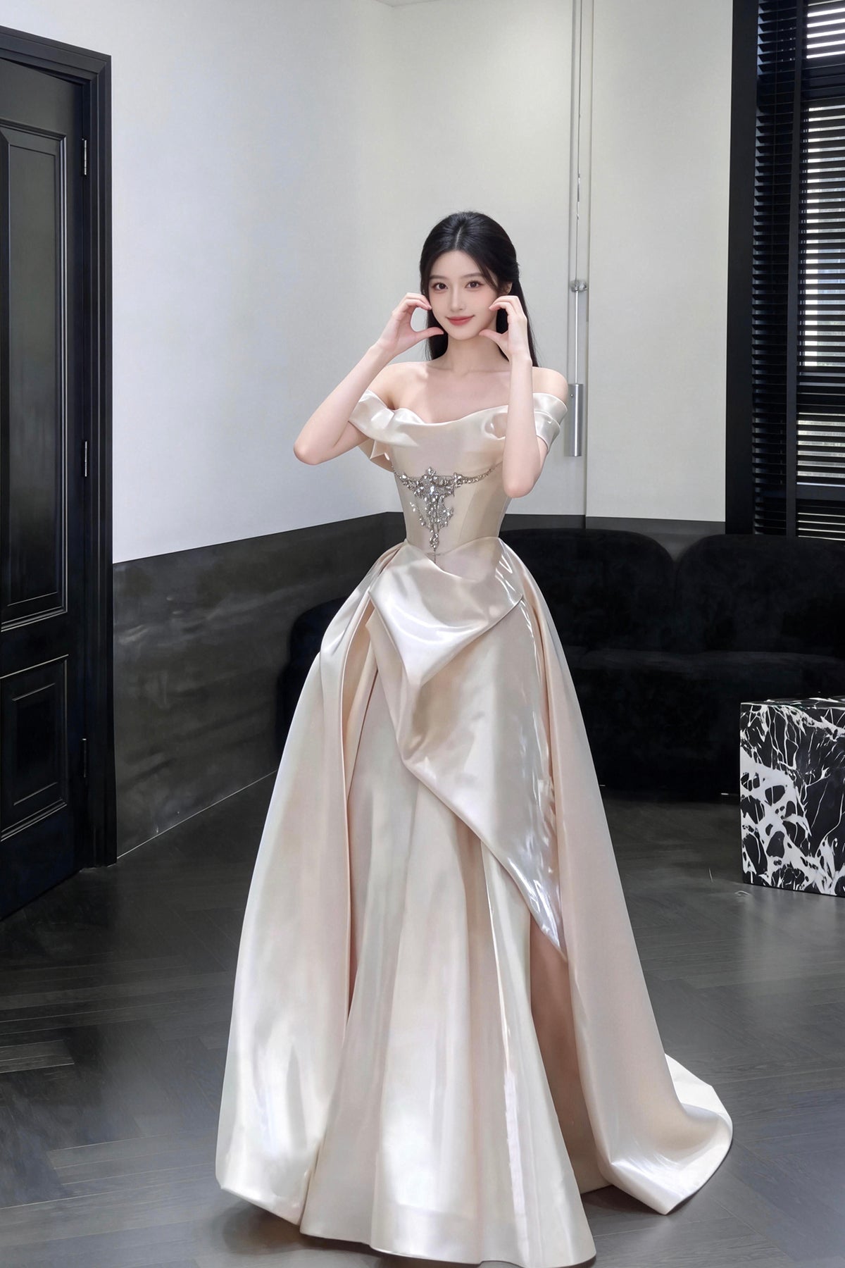 Champagne Satin Long A-Line Prom Party Dress