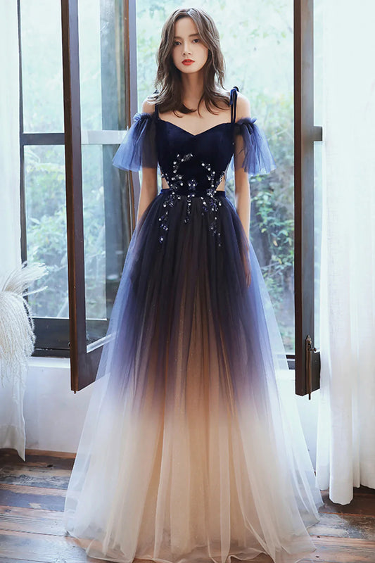 Beautiful Gradient Tulle Long Prom Dress, A-Line Off the Shoulder Lace Evening Dress