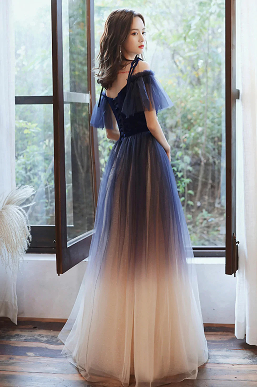 Beautiful Gradient Tulle Long Prom Dress, A-Line Off the Shoulder Lace Evening Dress