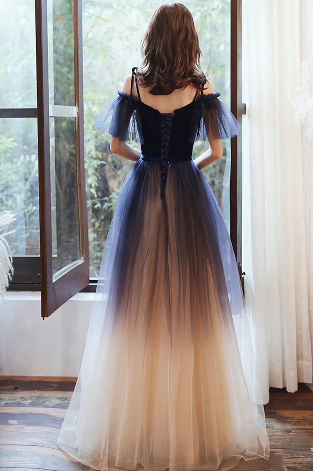Beautiful Gradient Tulle Long Prom Dress, A-Line Off the Shoulder Lace Evening Dress