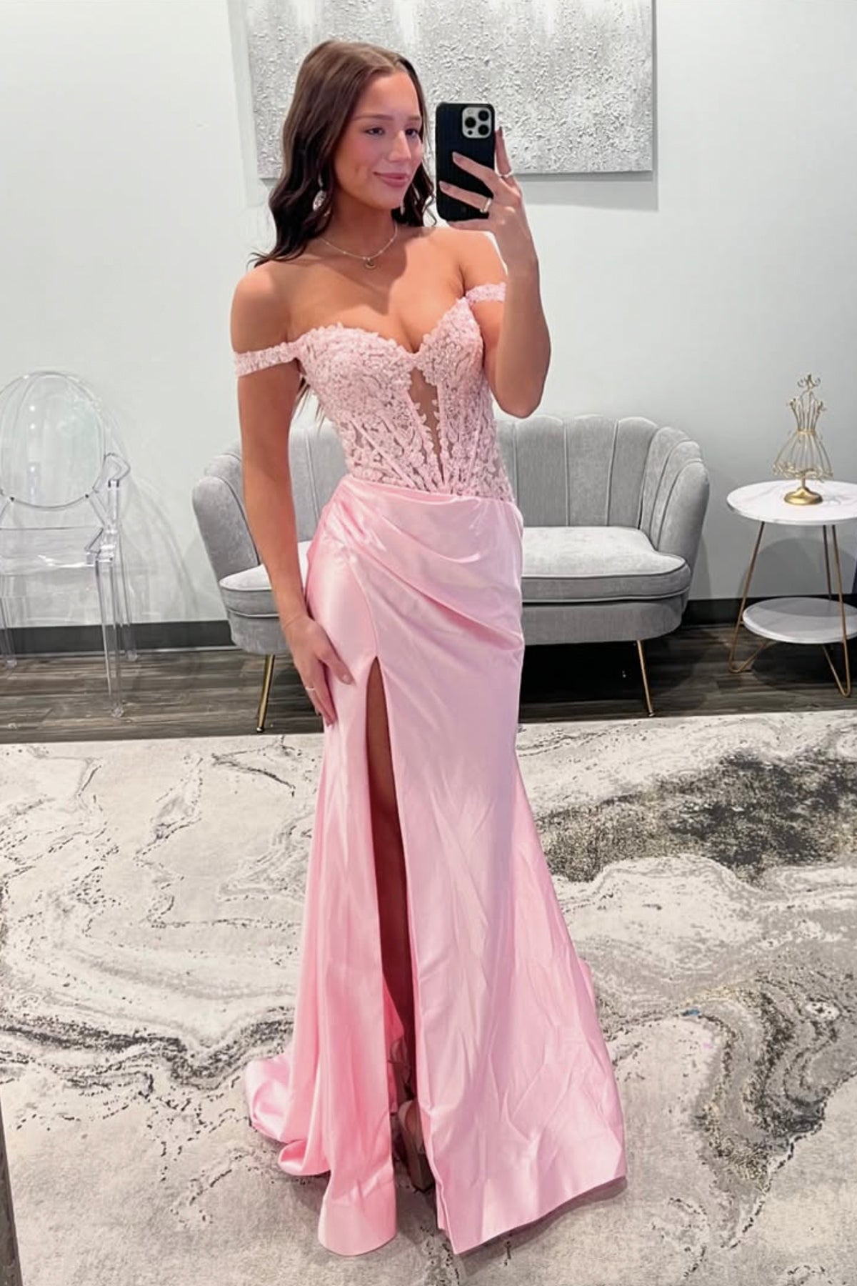 Pink Satin Lace Long Prom Dress, Mermaid Off the Shoulder Party Dress