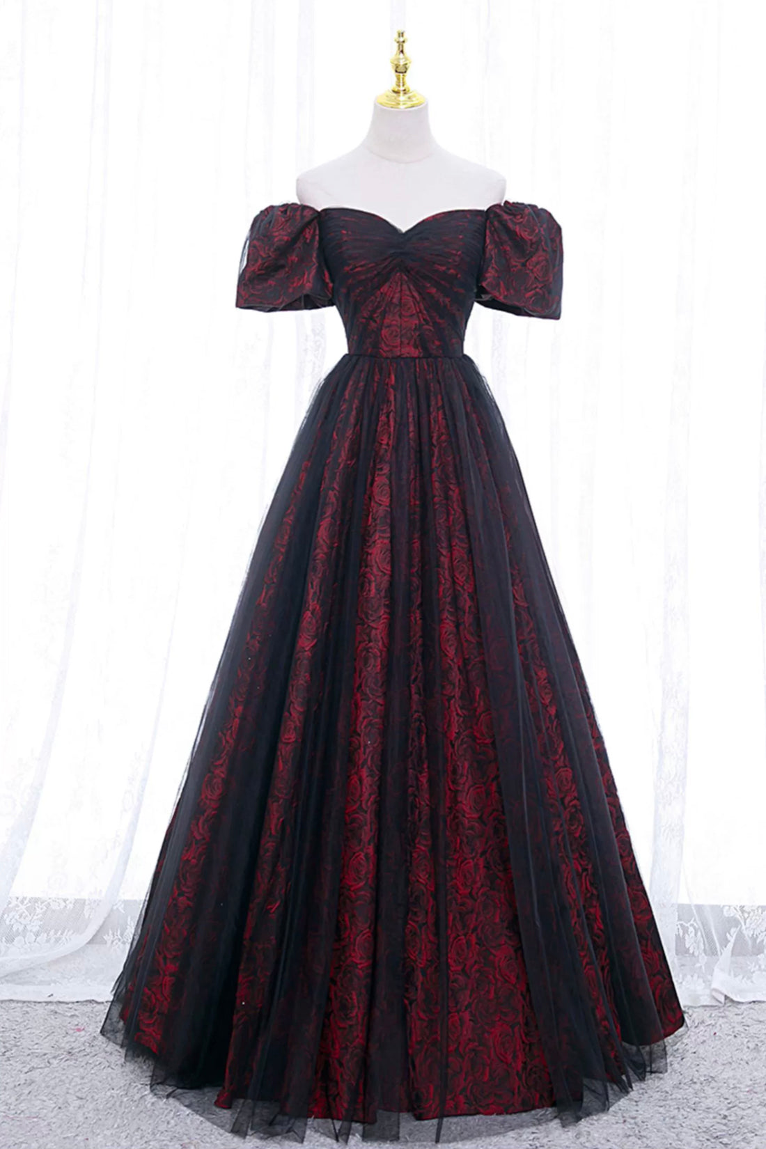Burgundy Floral Pattern and Black Tulle Long Off Shoulder Prom Dress with Short Sleeves