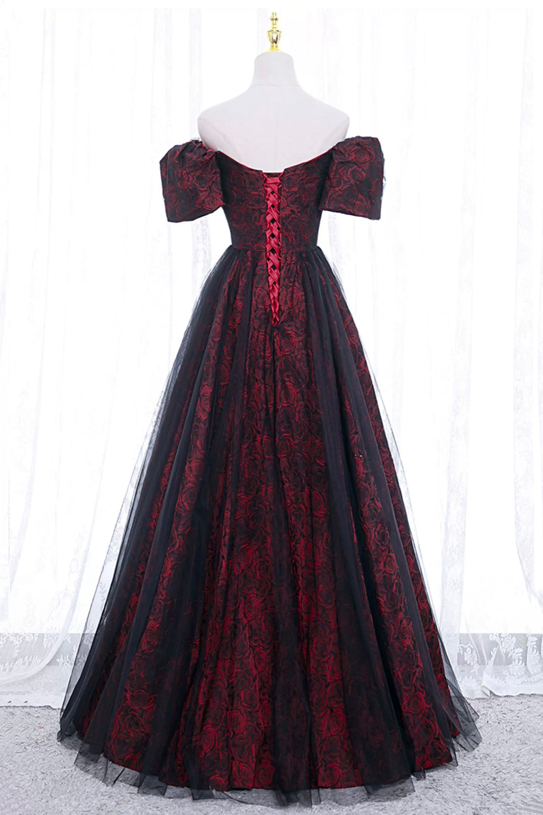 Burgundy Floral Pattern and Black Tulle Long Off Shoulder Prom Dress with Short Sleeves
