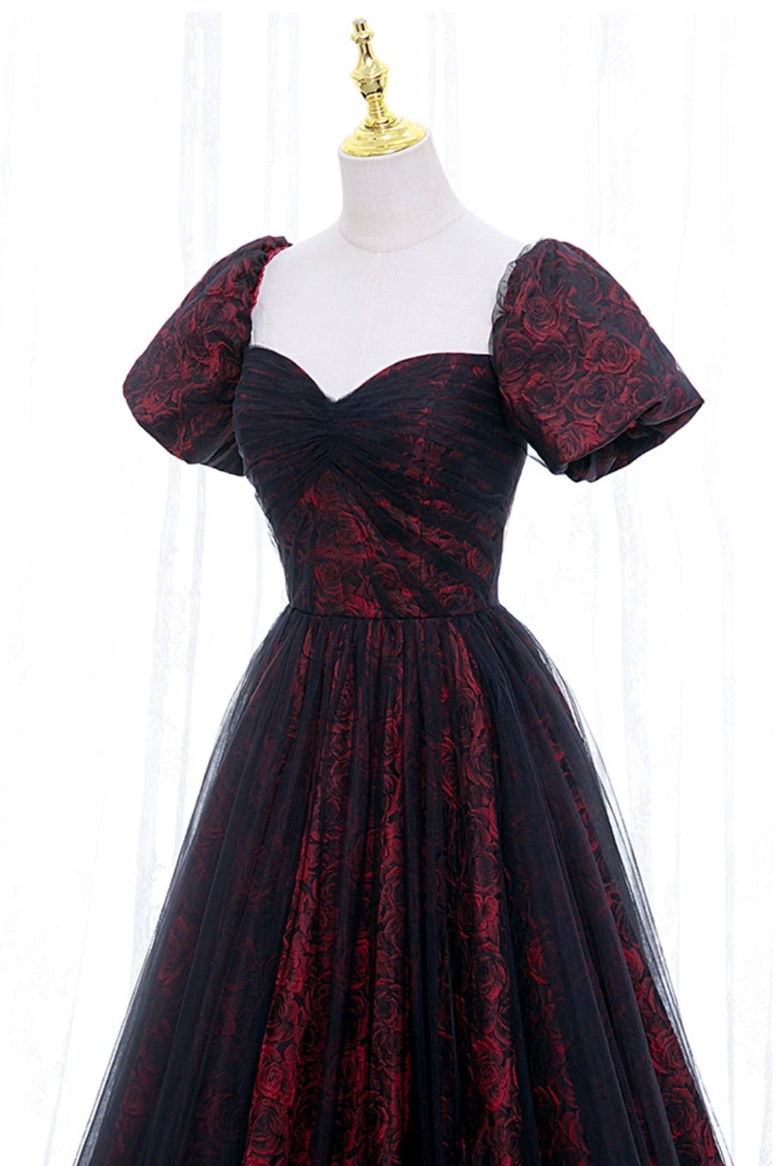 Burgundy Floral Pattern and Black Tulle Long Off Shoulder Prom Dress with Short Sleeves