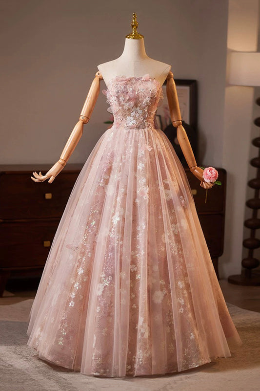 Pink Tulle Sequins Long Prom Dress, Pink A-Line Evening Party Dress