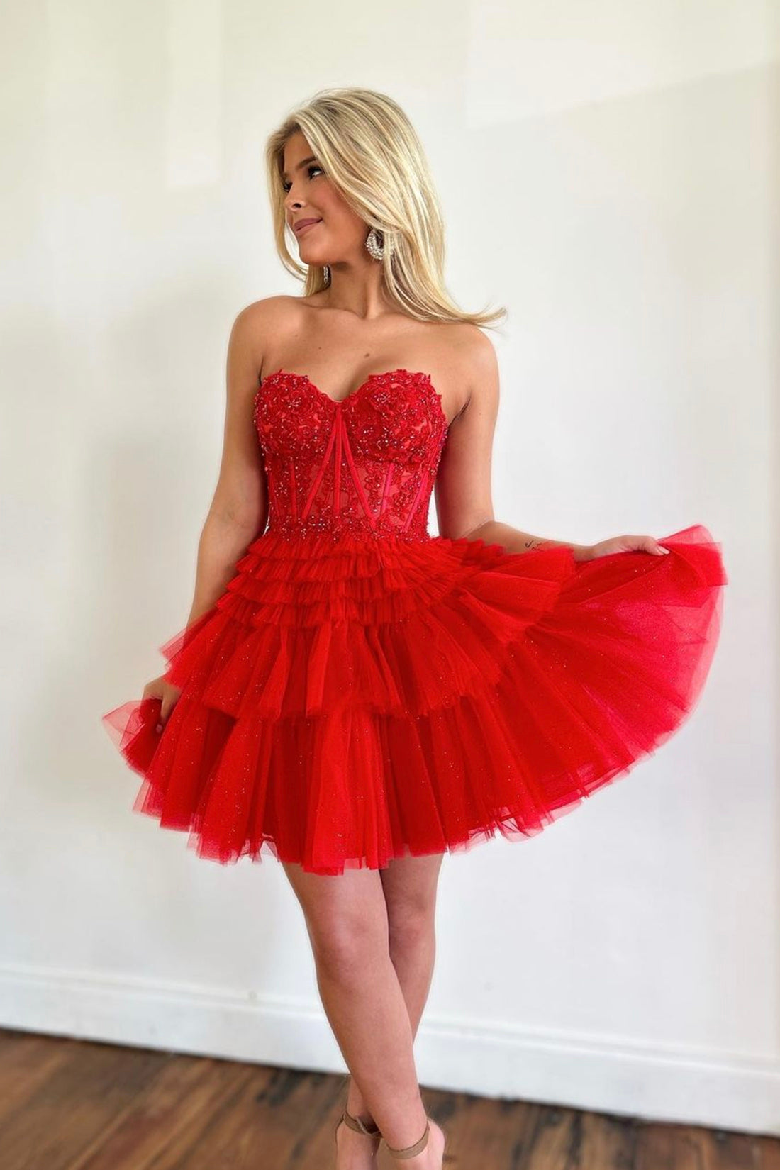 Red Tulle Lace Short Prom Dress, Cute Strapless A-Line Sweetheart Home girlideas Red Tulle Lace Short Prom Dress, Cute Strapless A-Line Sweetheart Home girlideas