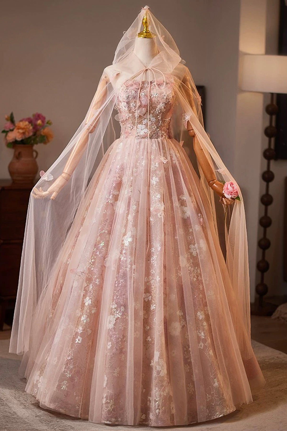 Pink Tulle Sequins Long Prom Dress, Pink A-Line Evening Party Dress