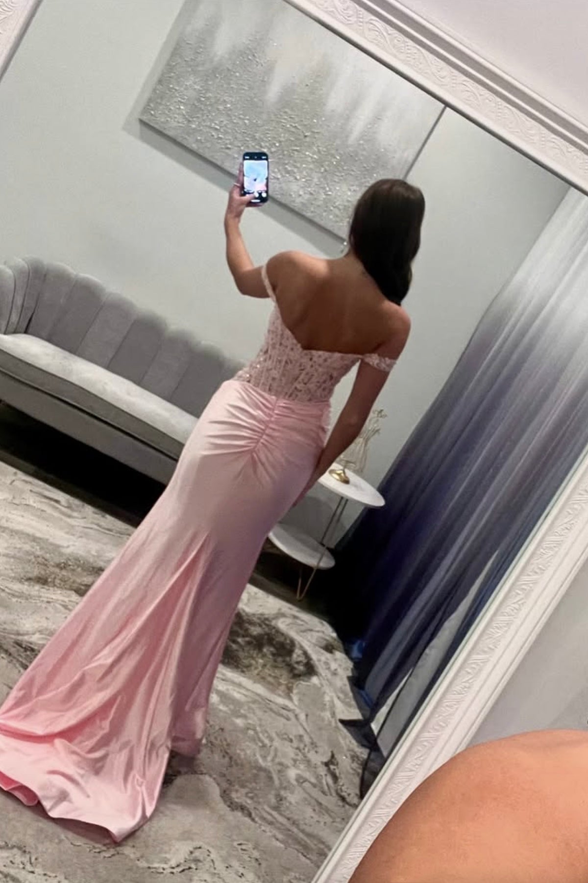 Pink Satin Lace Long Prom Dress, Mermaid Off the Shoulder Party Dress