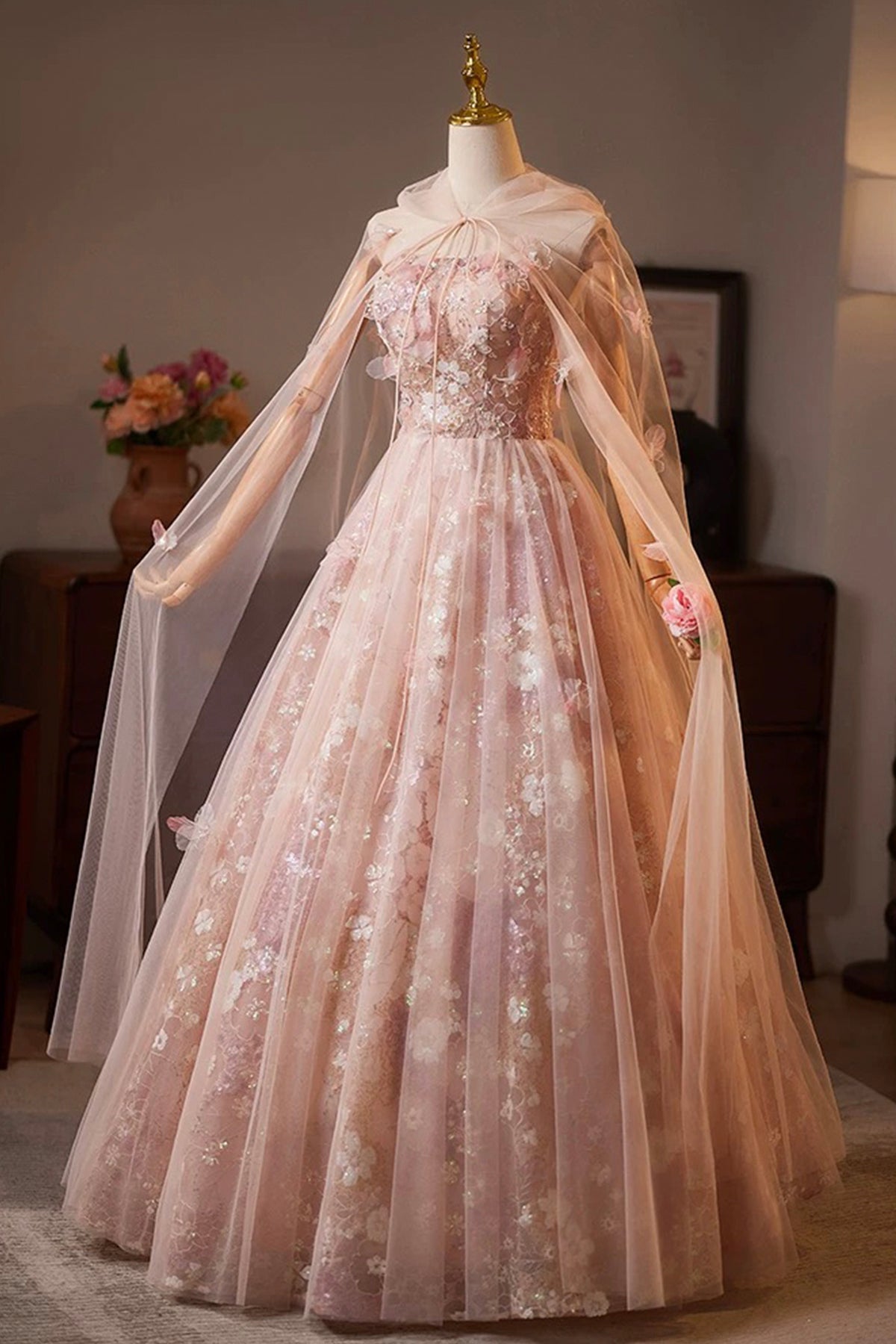 Pink Tulle Sequins Long Prom Dress, Pink A-Line Evening Party Dress