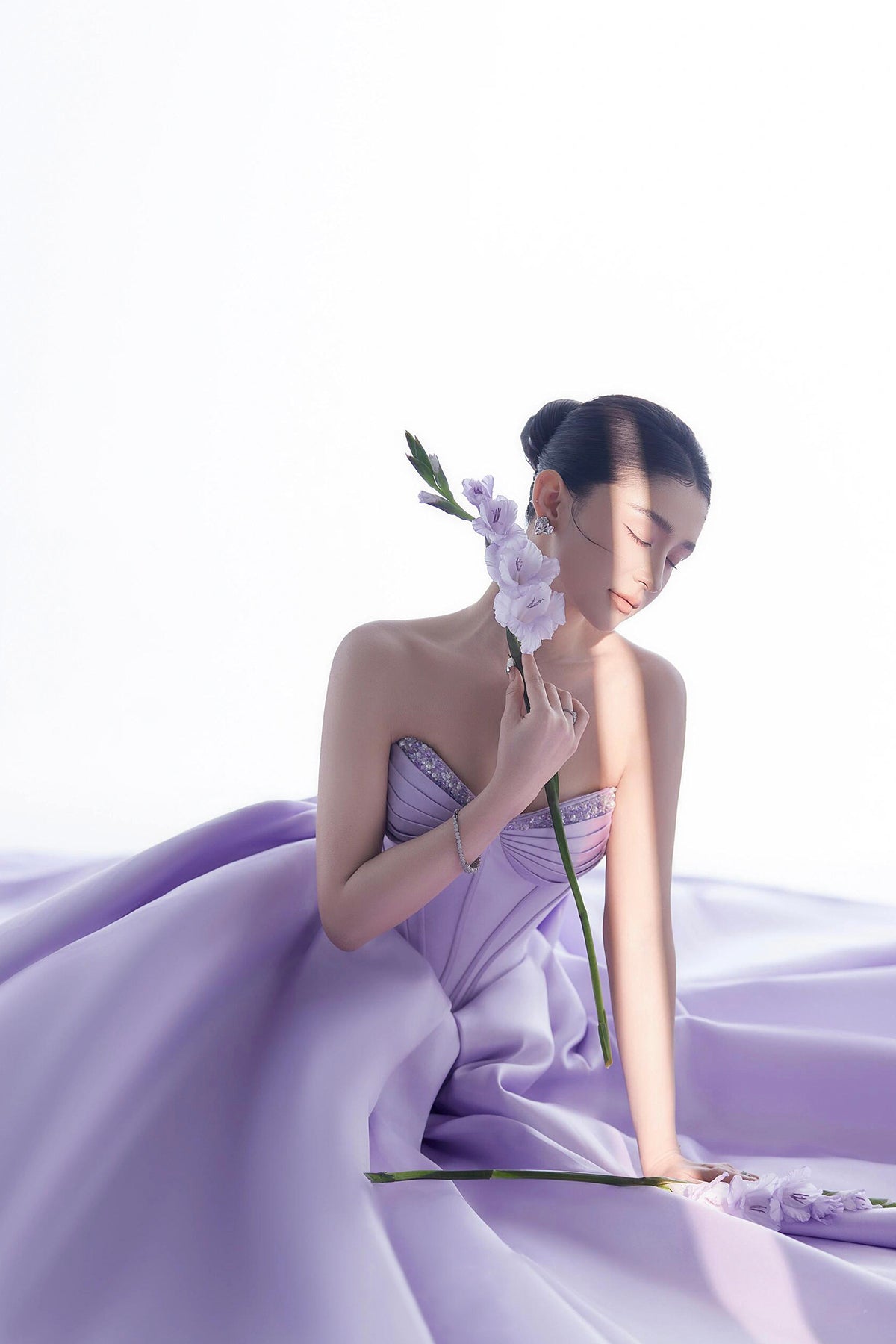Lilac Satin Beads Long Prom Gown, Beautiful Strapless A-Line Party Sweet 16 Dress