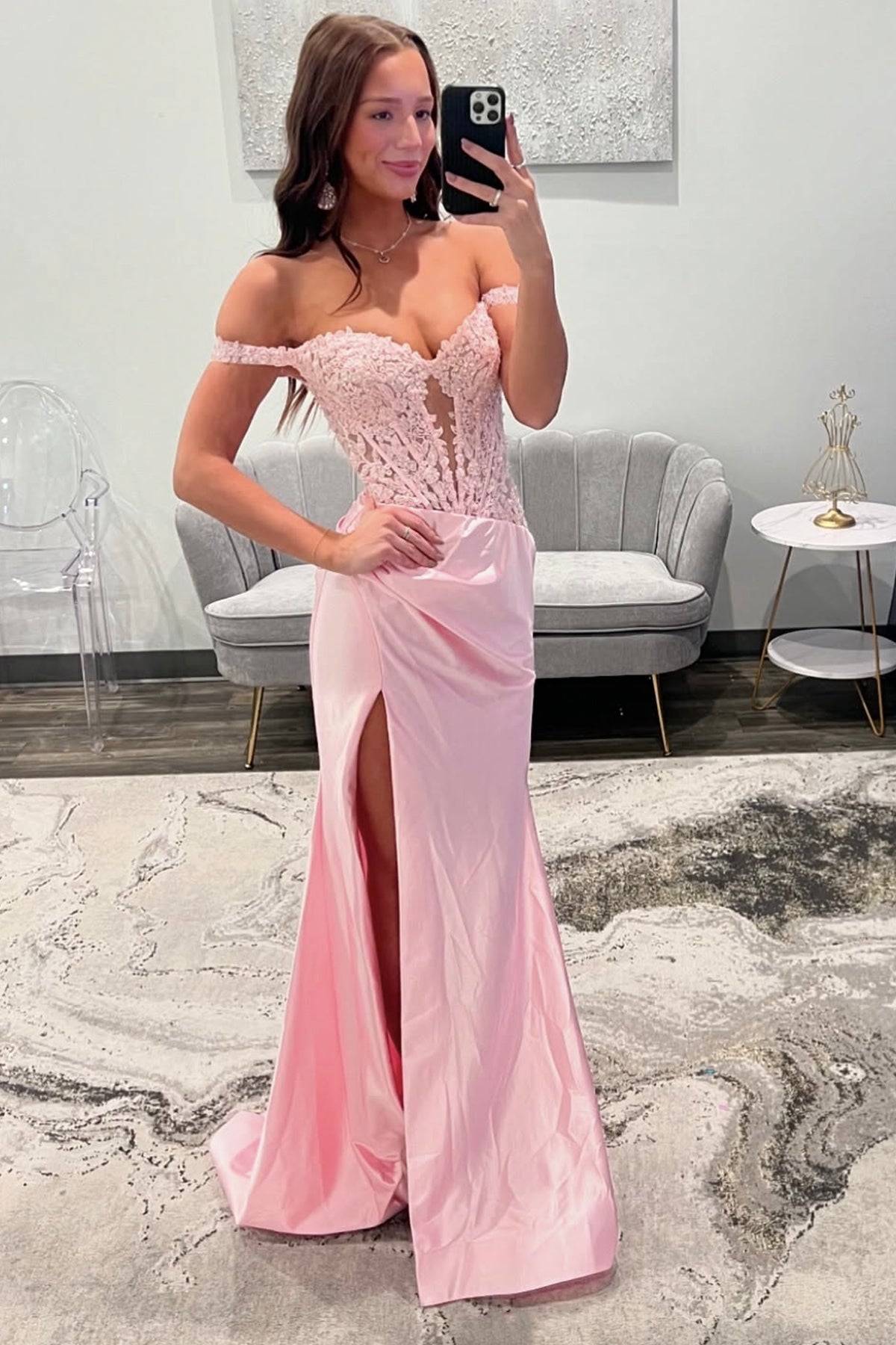 Pink Satin Lace Long Prom Dress, Mermaid Off the Shoulder Party Dress