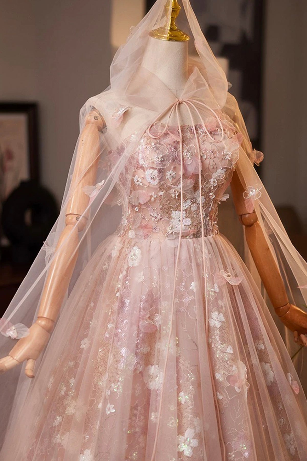 Pink Tulle Sequins Long Prom Dress, Pink A-Line Evening Party Dress