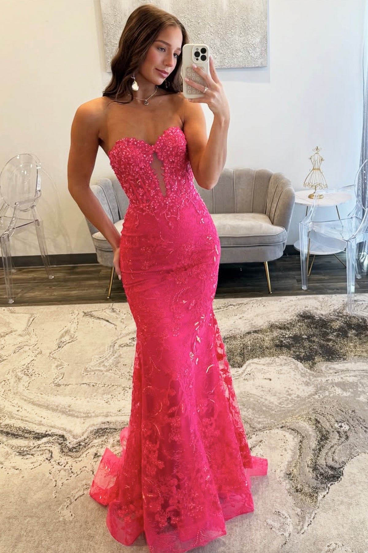 Hot Pink Lace Sequins Long Prom Dress, Mermaid Party Dress