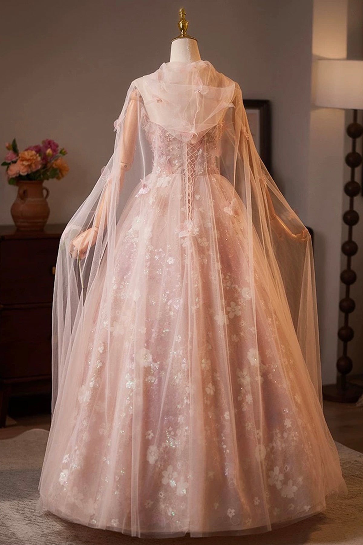 Pink Tulle Sequins Long Prom Dress, Pink A-Line Evening Party Dress