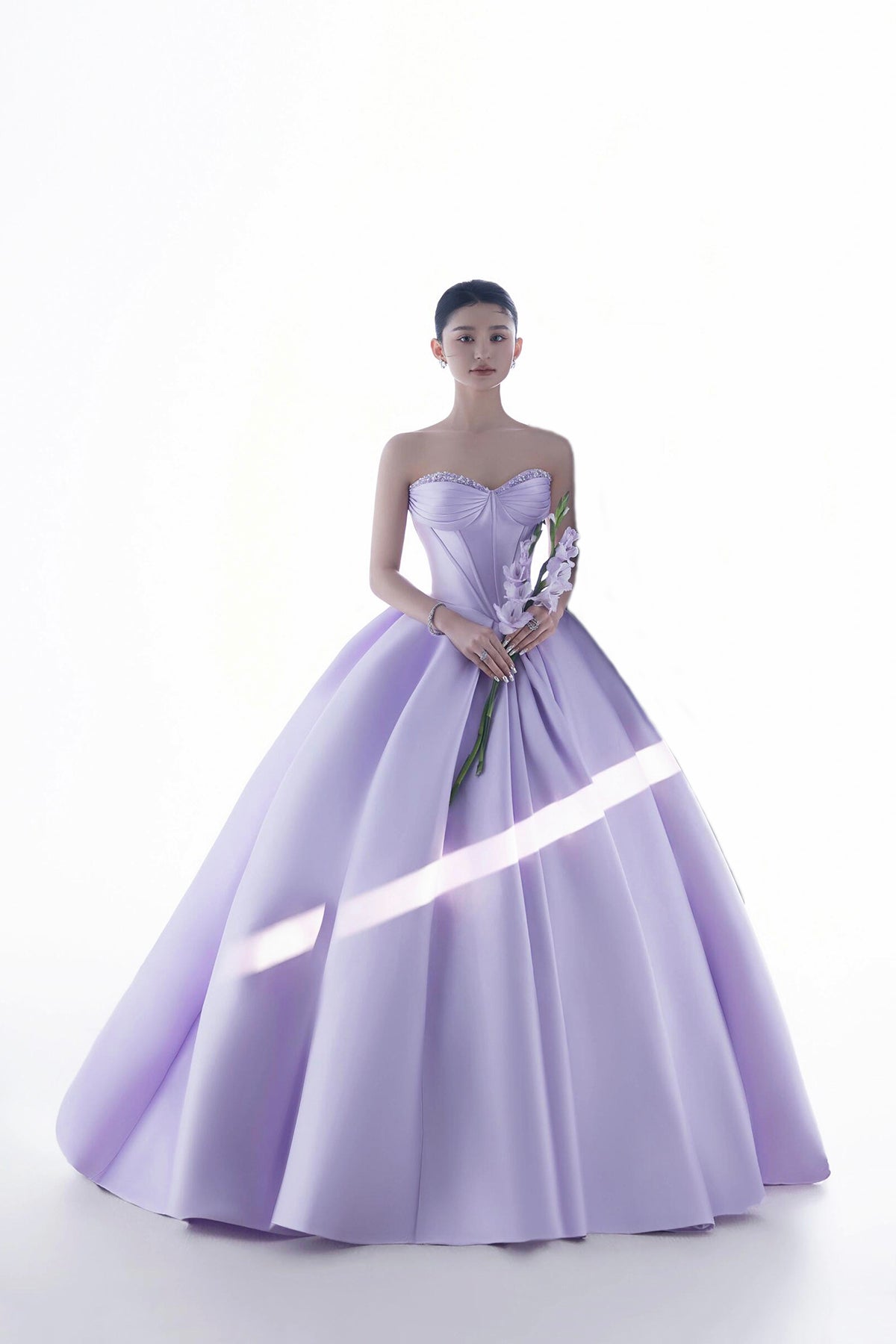Lilac Satin Beads Long Prom Gown, Beautiful Strapless A-Line Party Sweet 16 Dress