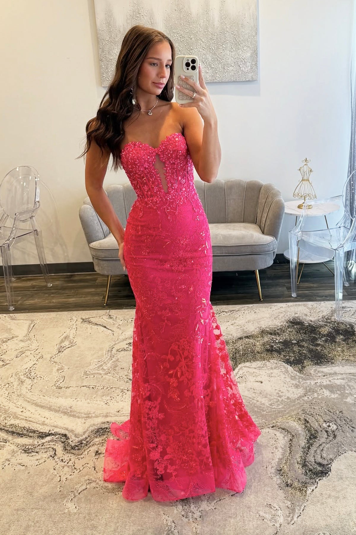 Hot Pink Lace Sequins Long Prom Dress, Mermaid Party Dress