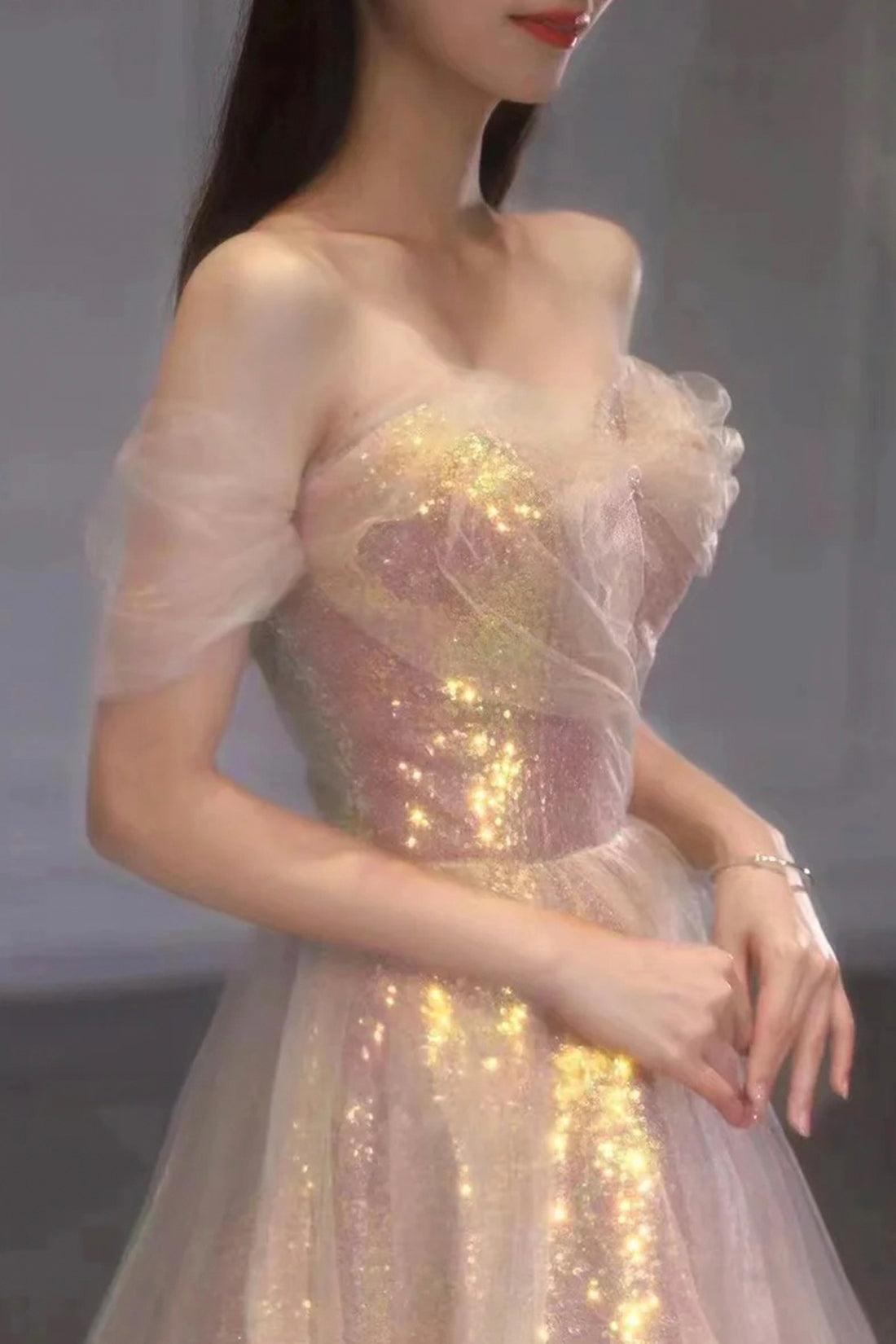 Shiny Sequins Long Prom Dress, Off the Shoulder Formal Evening Dress