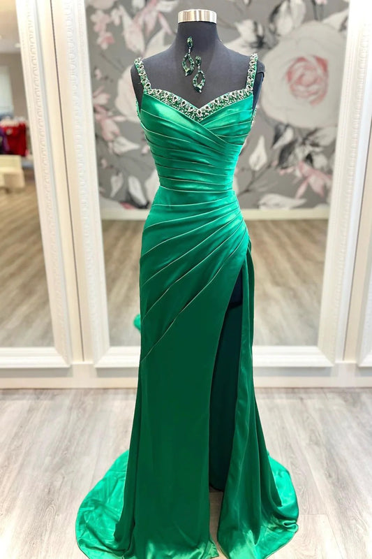 Green Beaded Straps Pleated Satin Long Mermaid Prom Dress with Slit