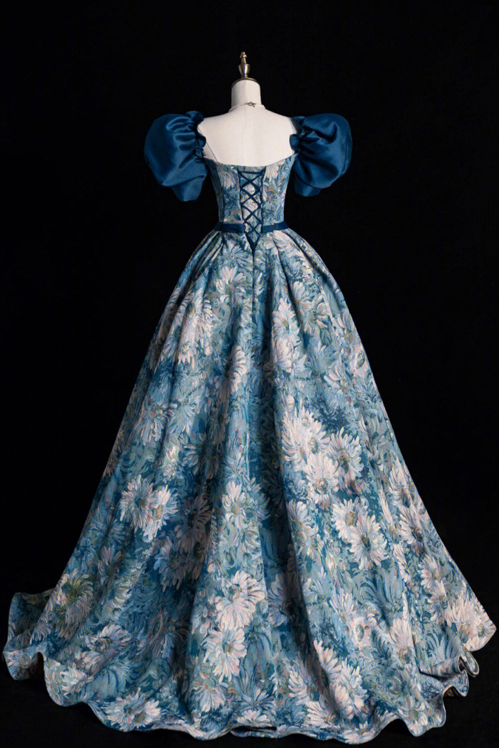 Blue Floral Long A-Line Prom Dress, Elegant Short Sleeve Evening Dress