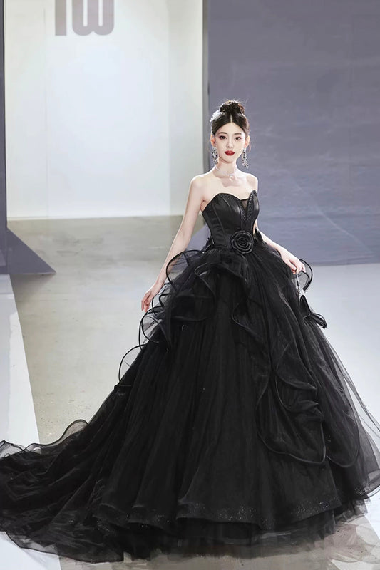 Black Strapless Satin Tulle Long Prom Dress, A-Line Evening Party Dress