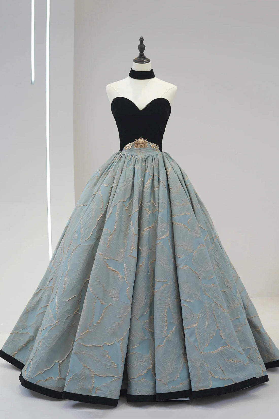 Stylish Black Velvet and Jacquard Fabric Long Prom Dress, A-Line Strapless Evening Dress