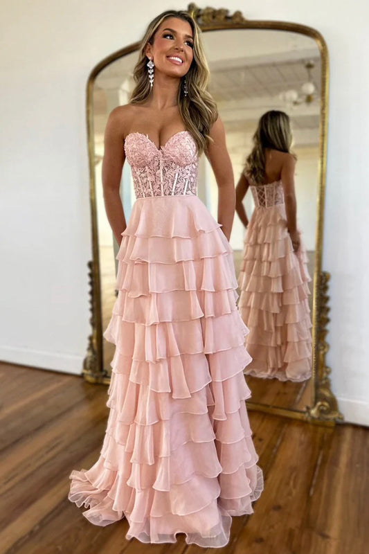 A-Line Strapless Pink Ruffle Tiered Chiffon Lace Long Prom Party Dress