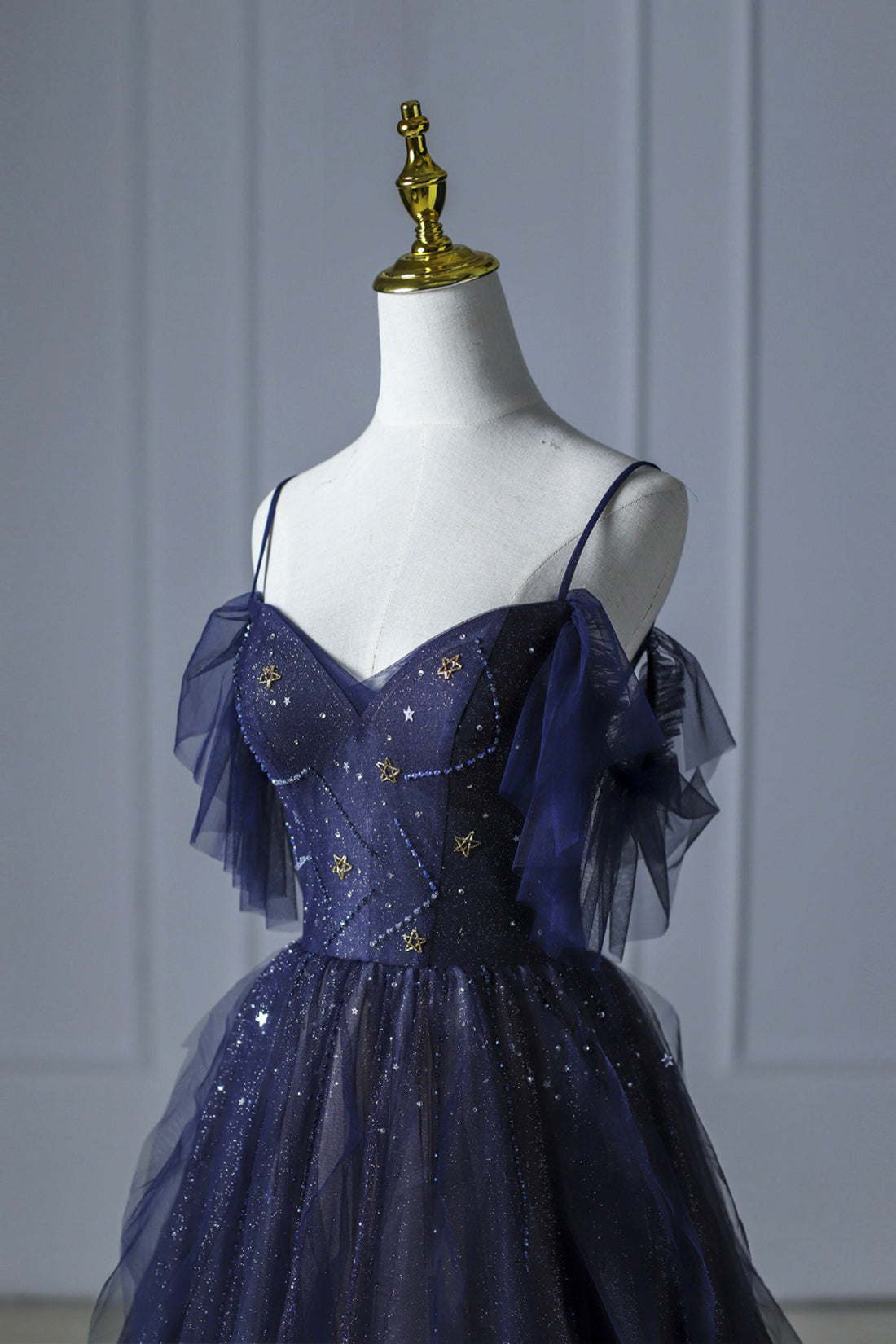 Blue Gradient Tulle Long Prom Dress, A-line Spaghetti Strap Evening Dress