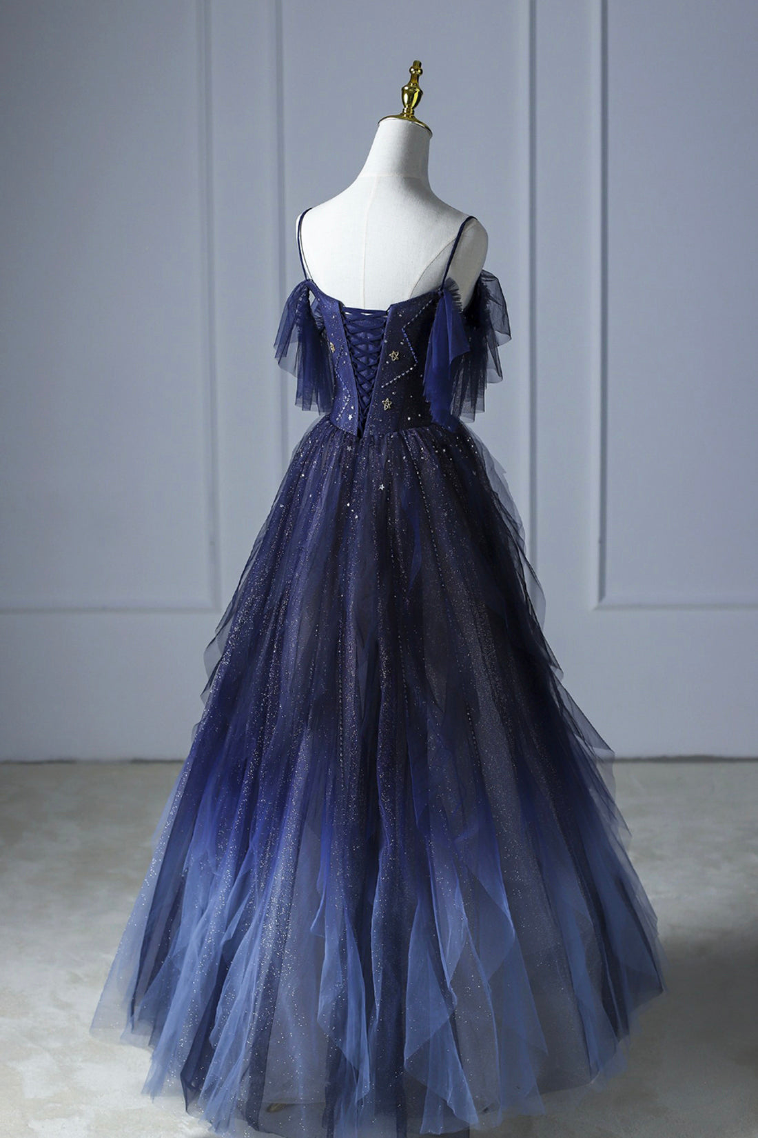 Blue Gradient Tulle Long Prom Dress, A-line Spaghetti Strap Evening Dress