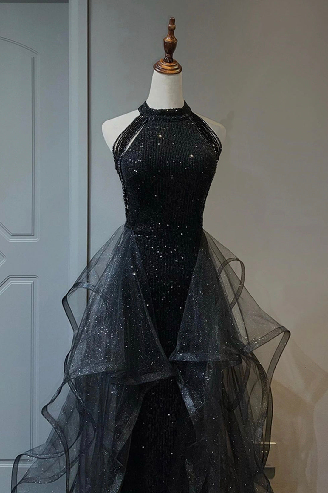 Black Shiny Tulle Long Party Dress with Beaded, Black Evening Dress Party Dress