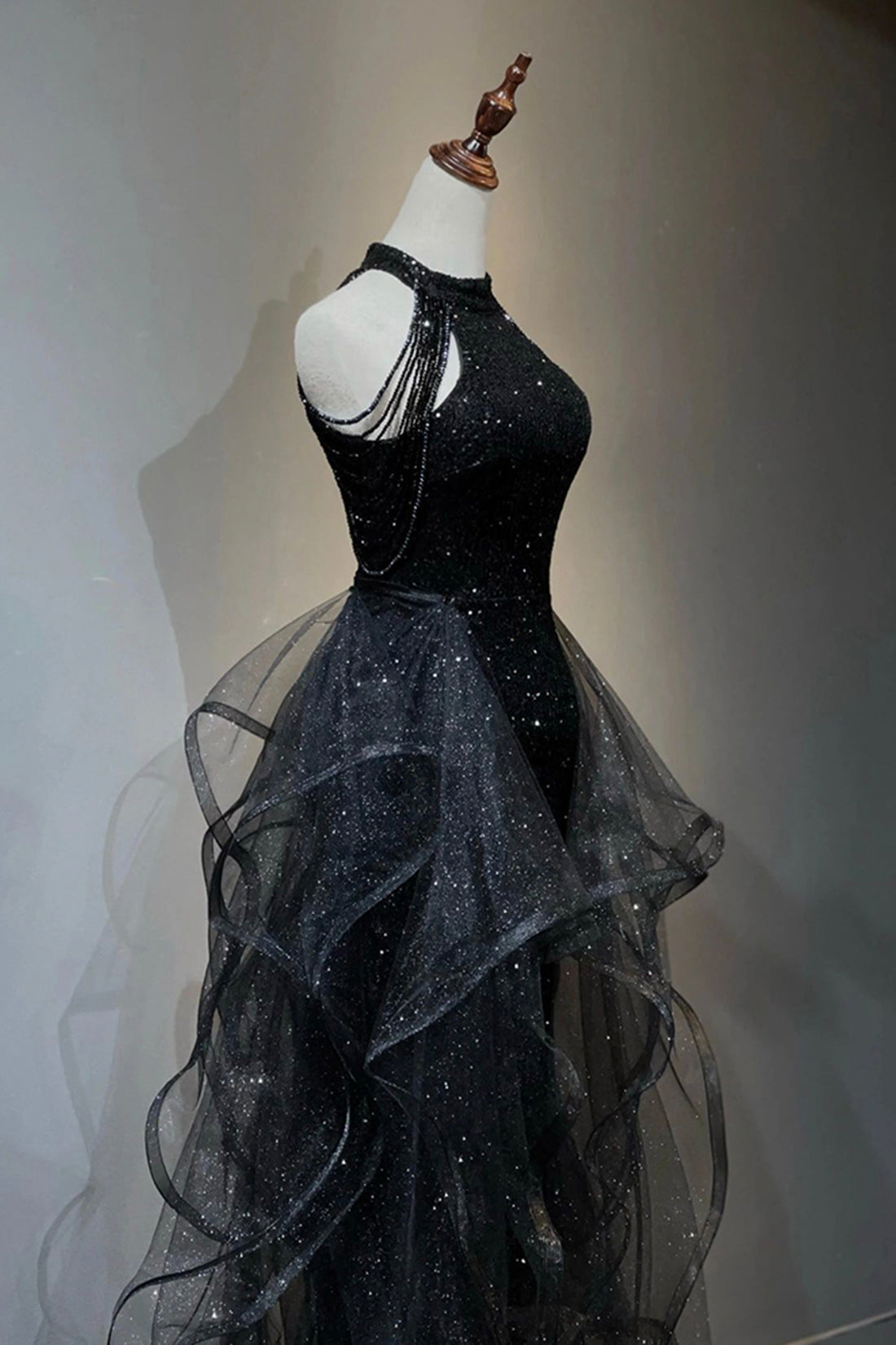 Black Shiny Tulle Long Party Dress with Beaded, Black Evening Dress Party Dress