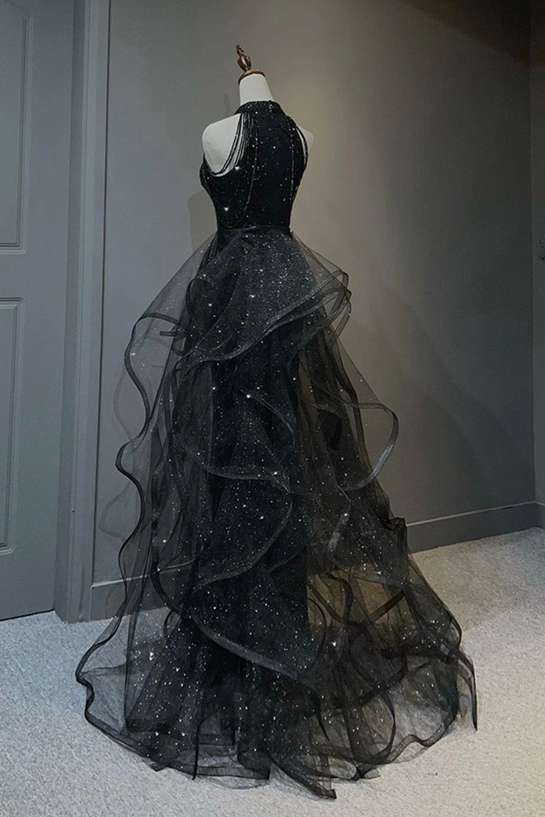 Black Shiny Tulle Long Party Dress with Beaded, Black Evening Dress Party Dress