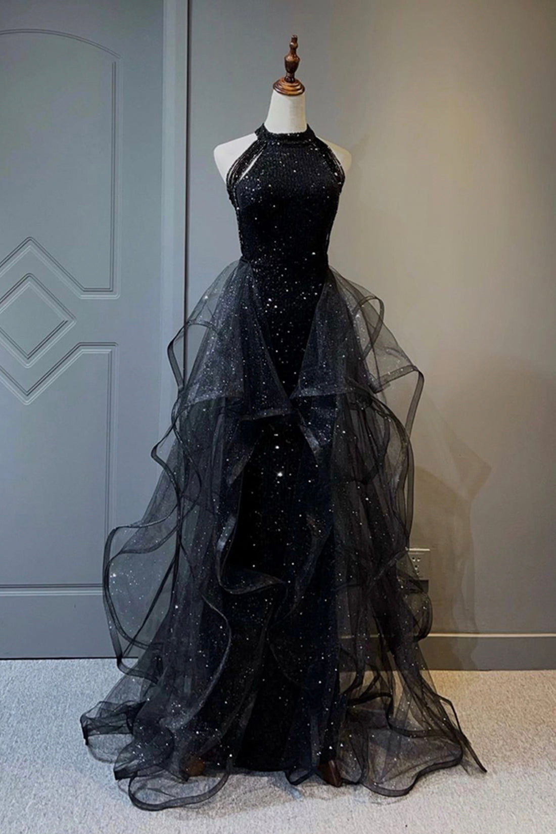 Black Shiny Tulle Long Party Dress with Beaded, Black Evening Dress Party Dress