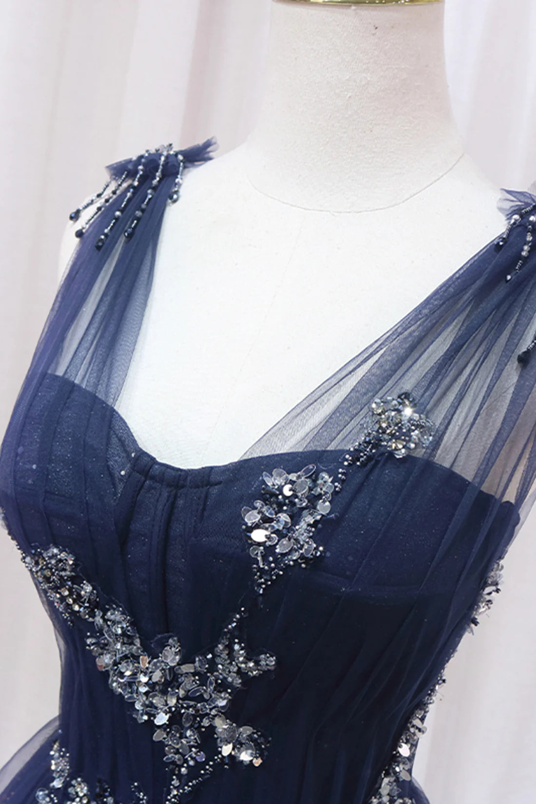 Blue Tulle Beaded Long Prom Dress, Blue A-Line Sweetheart Evening Party Dress