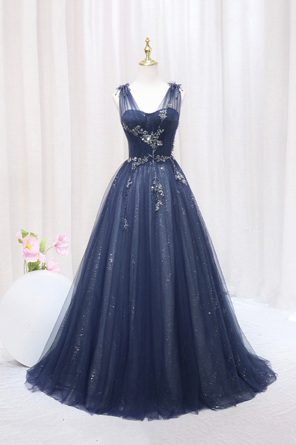 Blue Tulle Beaded Long Prom Dress, Blue A-Line Sweetheart Evening Party Dress
