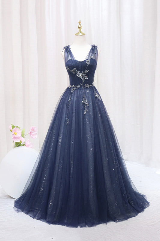 Blue Tulle Beaded Long Prom Dress, Blue A-Line Sweetheart Evening Party Dress