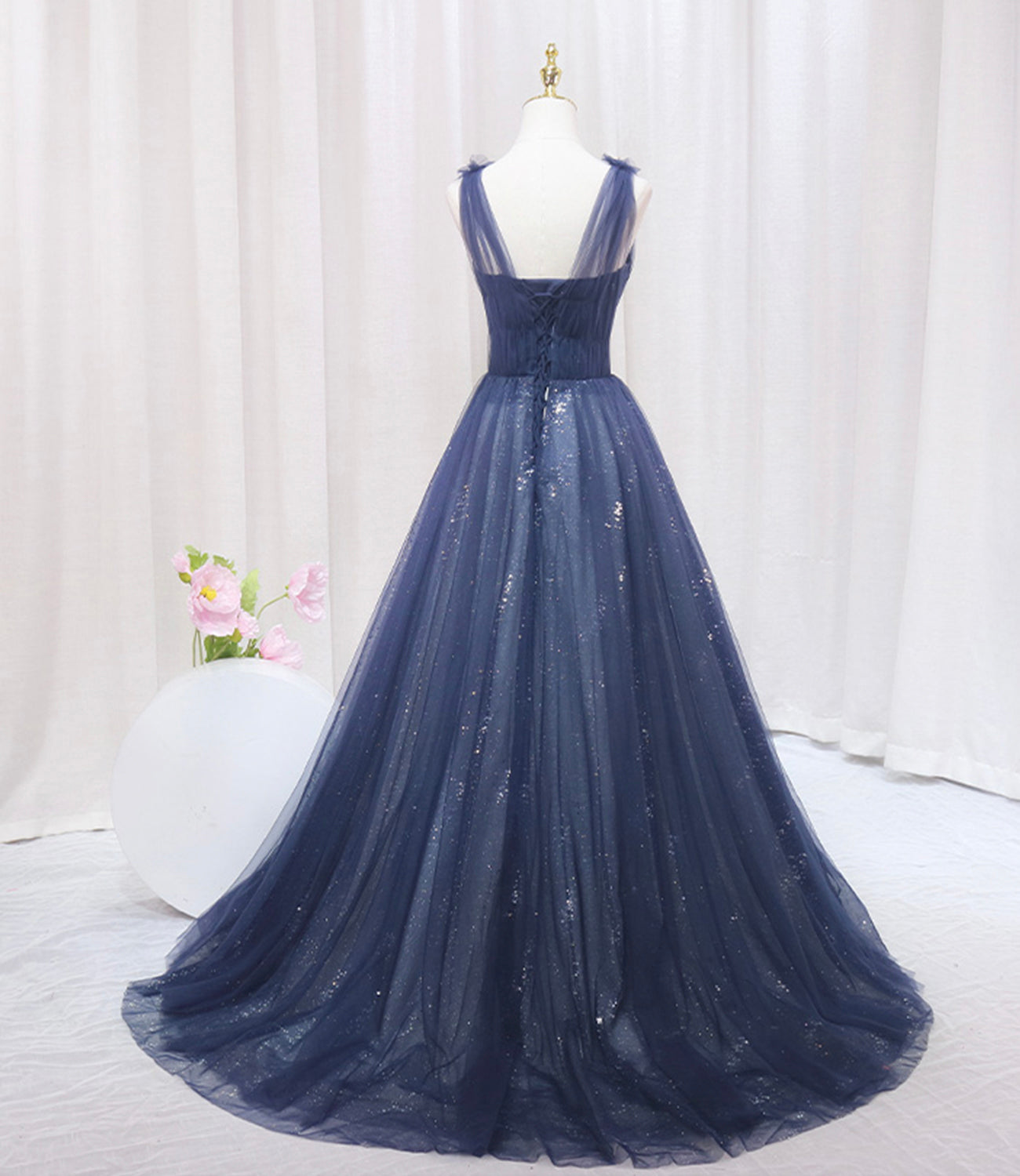 Blue Tulle Beaded Long Prom Dress, Blue A-Line Sweetheart Evening Party Dress