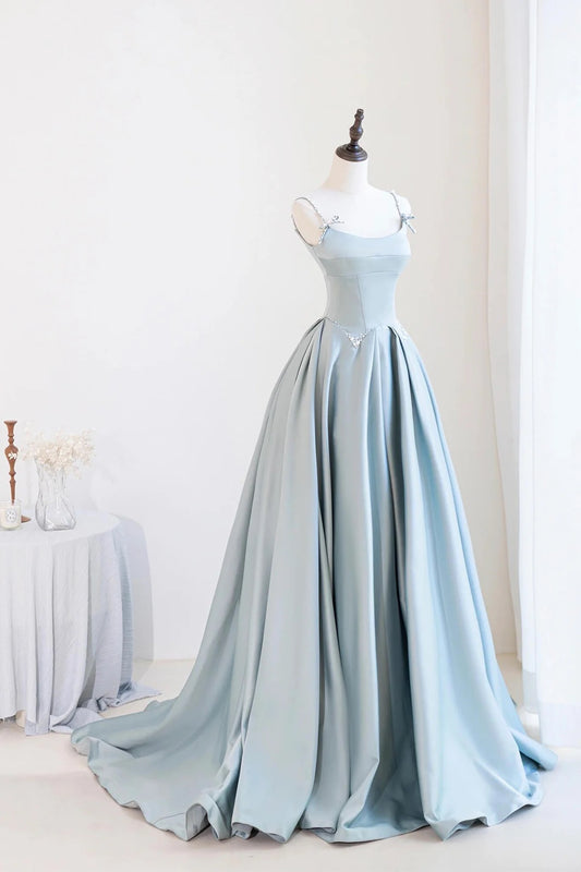 Blue Satin Long Prom Dress, A-Line Spaghetti Straps Backless Evening Dress