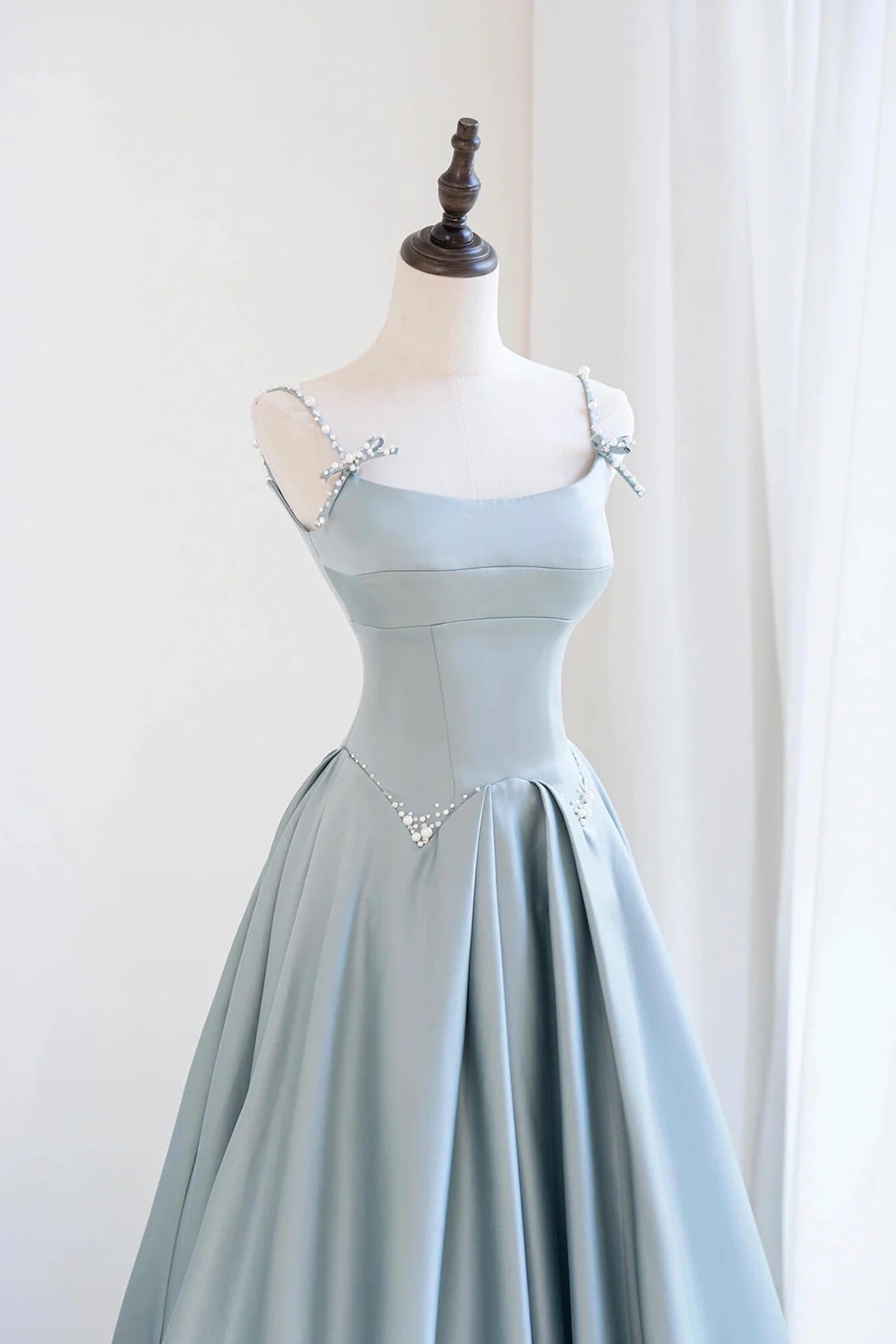 Blue Satin Long Prom Dress, A-Line Spaghetti Straps Backless Evening Dress