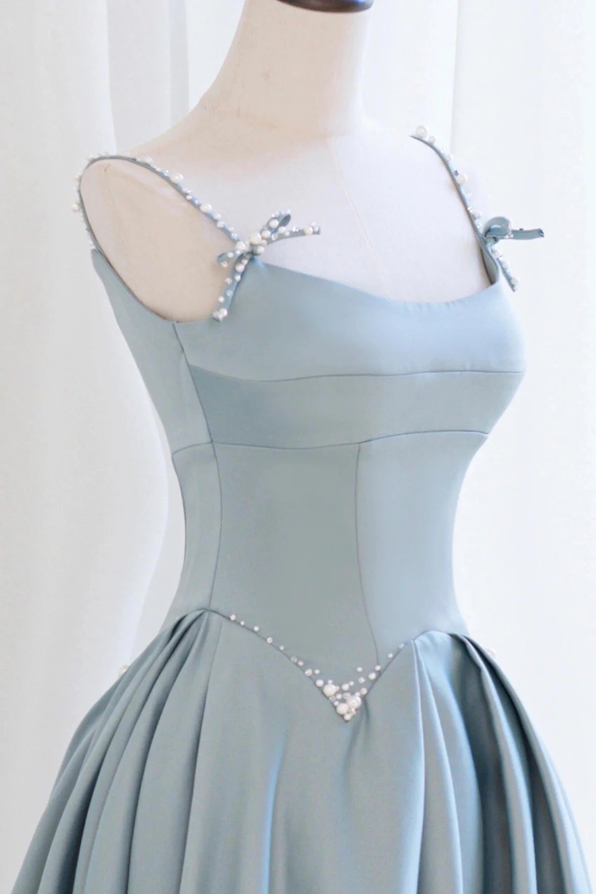Blue Satin Long Prom Dress, A-Line Spaghetti Straps Backless Evening Dress