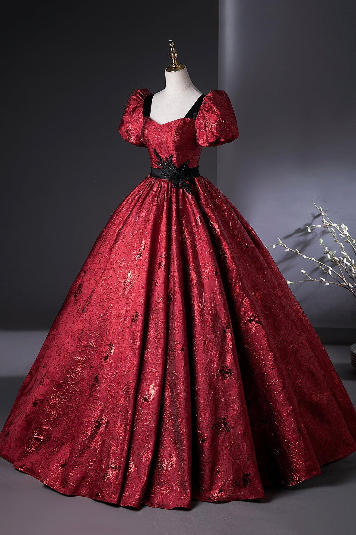 Burgundy Printed Long Formal Gown, Elegant Short Sleeve Prom Evening Dress