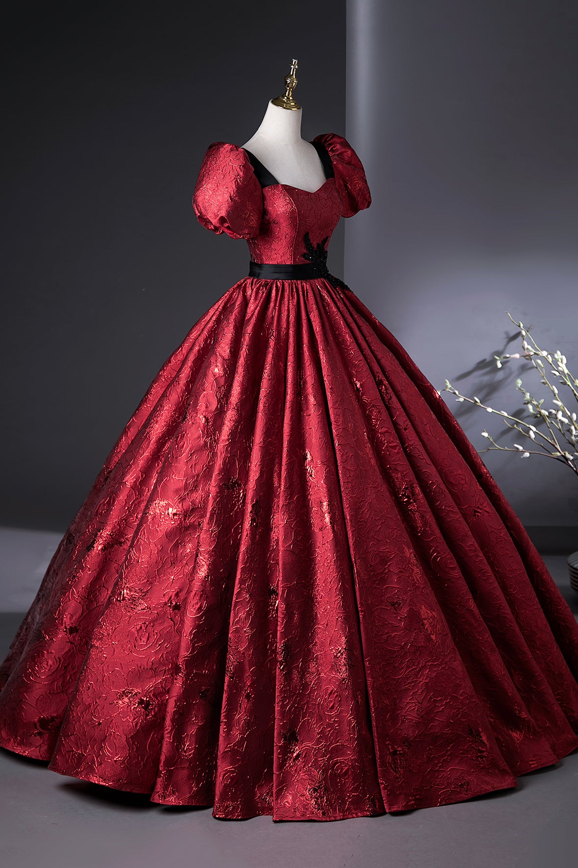 Burgundy Printed Long Formal Gown, Elegant Short Sleeve Prom Evening Dress