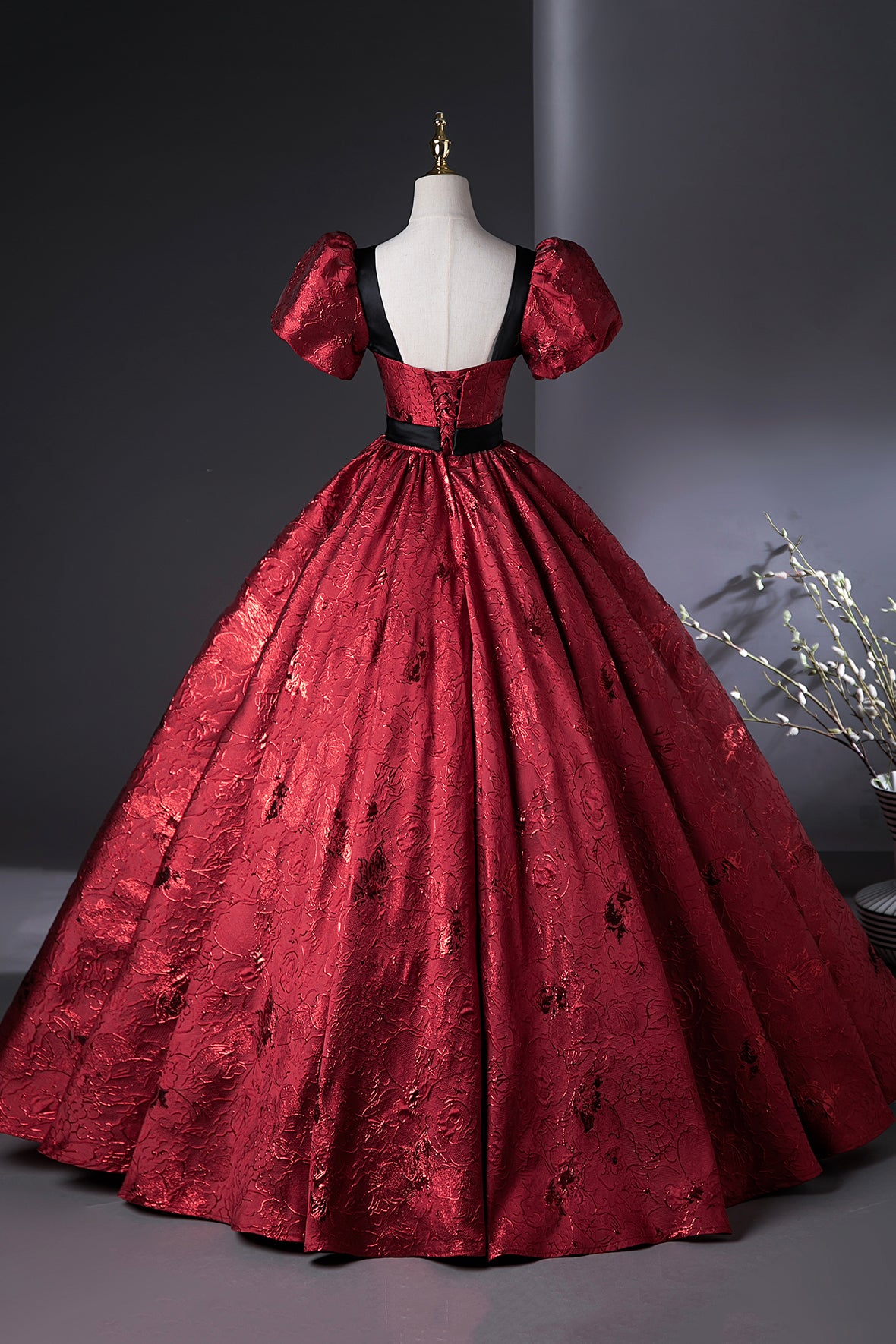 Burgundy Printed Long Formal Gown, Elegant Short Sleeve Prom Evening Dress