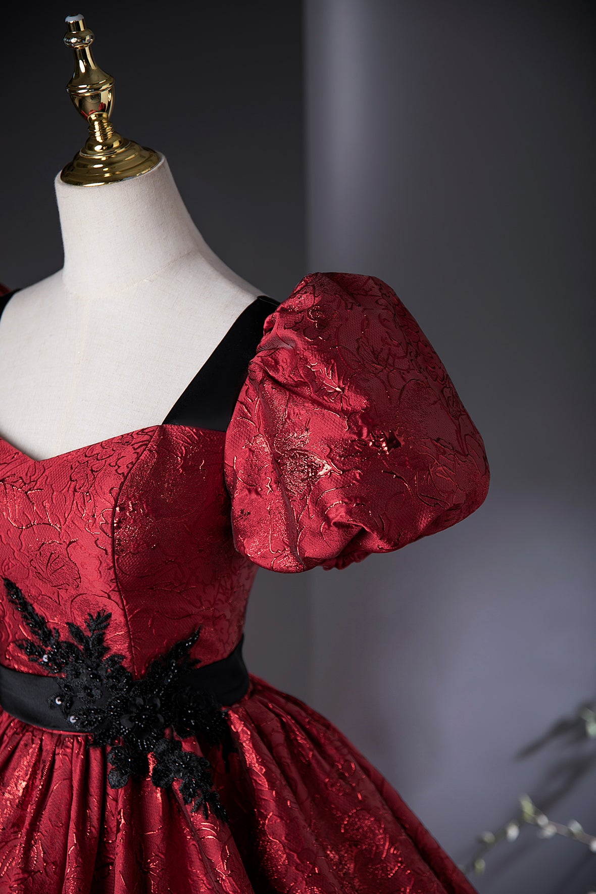 Burgundy Printed Long Formal Gown, Elegant Short Sleeve Prom Evening Dress