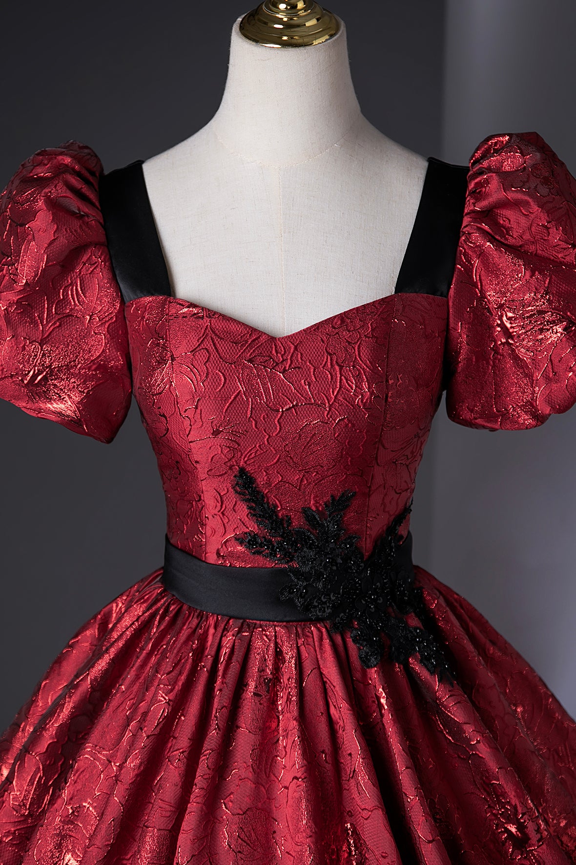 Burgundy Printed Long Formal Gown, Elegant Short Sleeve Prom Evening Dress