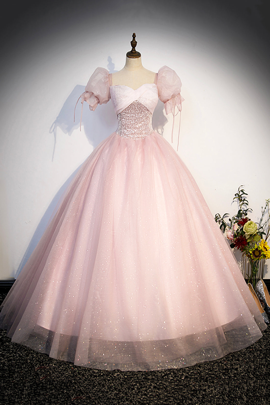 Blushing Pink Beading Sequins Prom Dresses, Short Sleeve Backless Floor-Length Formal Dresses